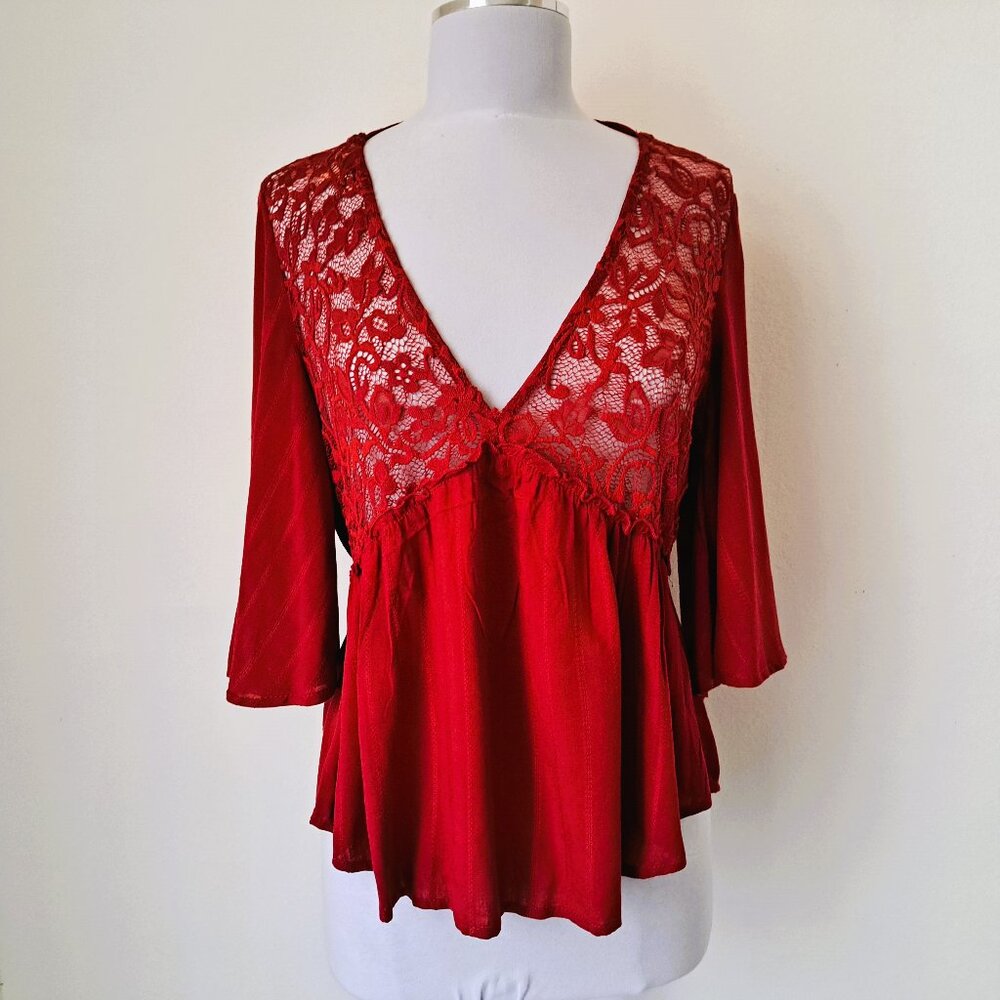 Bloomfield Juniors Lace Bohemian Top 3/4 Sleeve Red Color Size XL